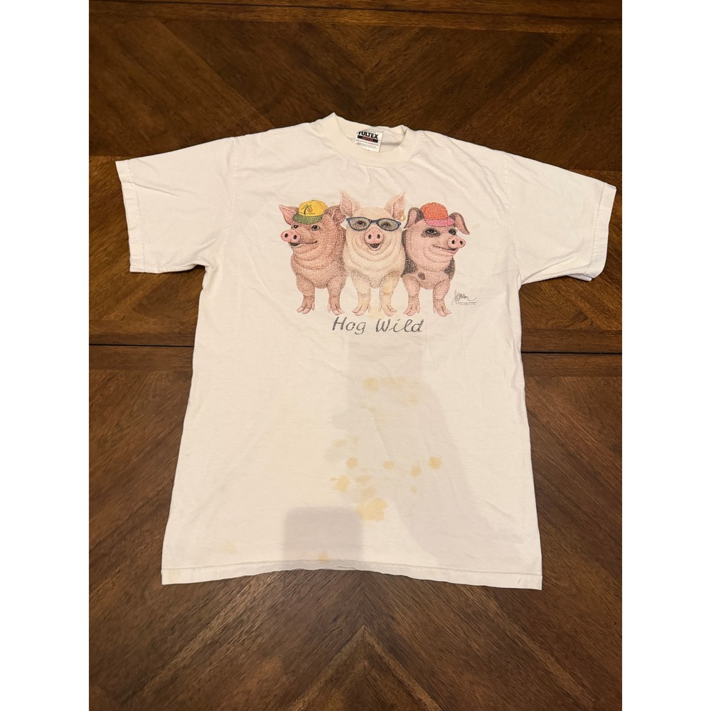 Vintage Tultex Hog Wild Pigs Graphic T-Shirt White Mens Medium 90s‎ Funny Tee